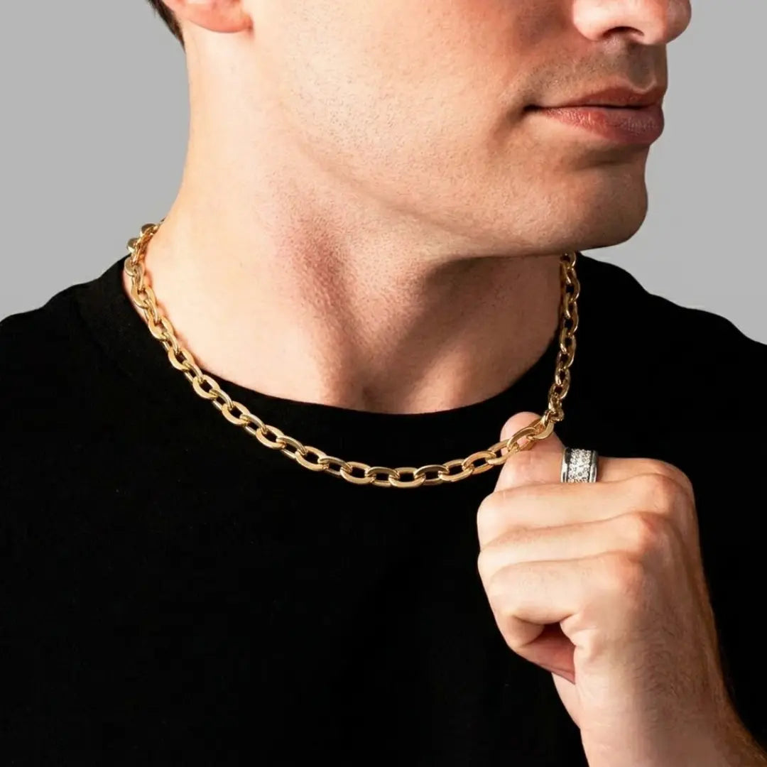 18K Gold Filled Large Oval Link Chain Necklace – Chunky Flat-Bevel Paperclip Cable Chain for Women & Men